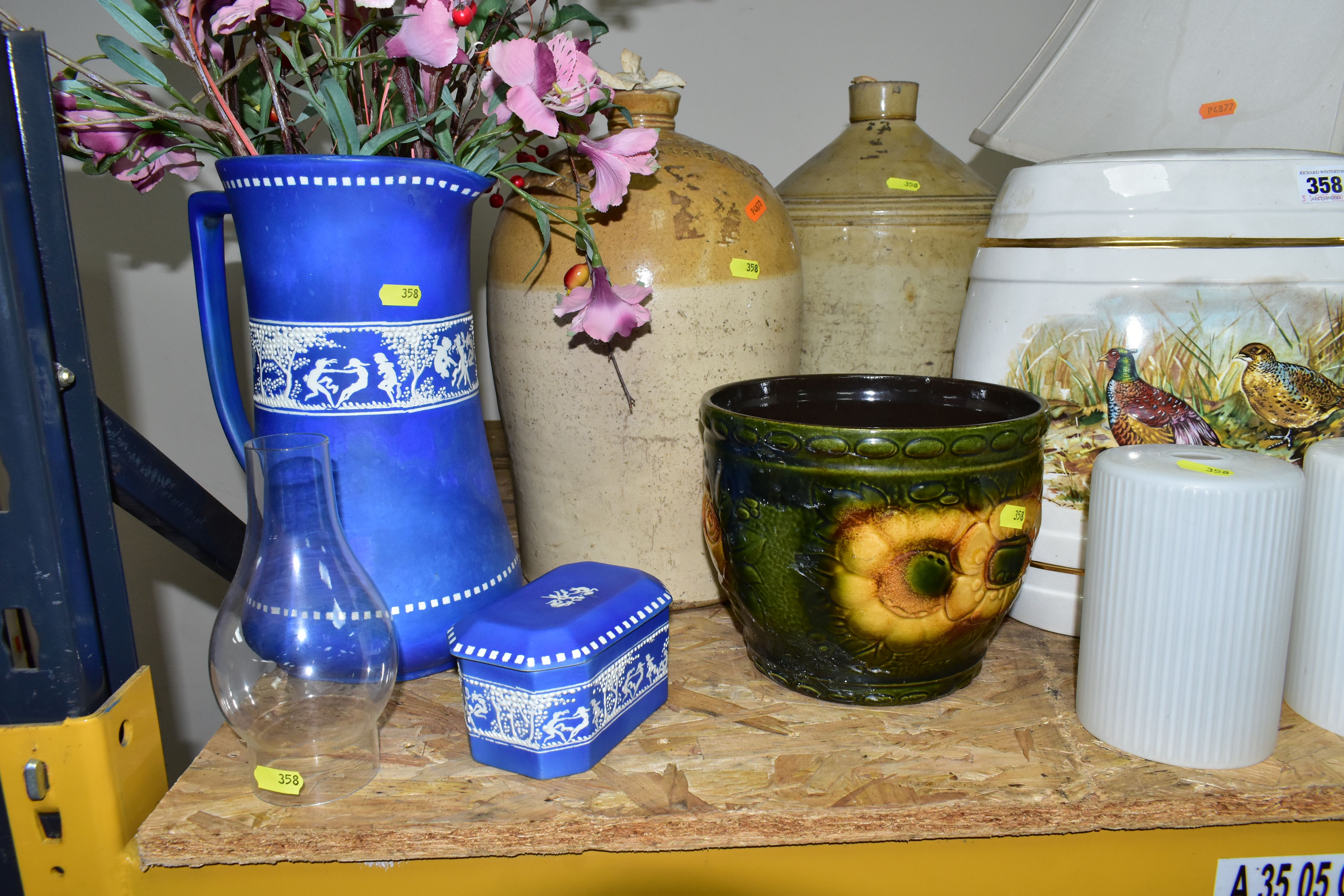 A SMALL QUANTITY OF ASSORTED GLASS LIGHT SHADES, TABLE LAMPS, STONEWARE FLAGONS, ETC, including a - Image 3 of 5