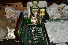 FOUR BOXES AND LOOSE CERAMICS, GLASS, METAL WARES AND PICTURE, to include an eighteen piece Royal