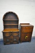 AN OAK DUTCH DRESSER, with two drawers, width 91cm x depth 45cm x height 184cm, and an oak tallboy