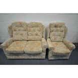 A HSL BEIGE AND FLORAL UPHOLSTERED TWO PIECE LOUNGE SUITE, comprising a two seater sofa and an