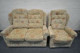 A HSL BEIGE AND FLORAL UPHOLSTERED TWO PIECE LOUNGE SUITE, comprising a two seater sofa and an