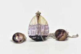 A BLUE JOHN FLUORITE PENDANT NECKLACE AND EARRINGS, the pendant of a polished pear drop shape,