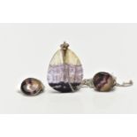 A BLUE JOHN FLUORITE PENDANT NECKLACE AND EARRINGS, the pendant of a polished pear drop shape,