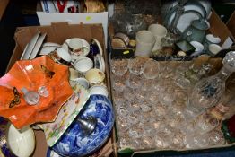 FOUR BOXES OF CERAMICS, GLASS WARES AND SUNDRY ITEMS, to include a Lladro Wren no 1053 by Antonio