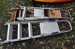 TWO ALUMINIUM AND ONE WOODEN STEP LADDERS the largest being 177cm high (3)