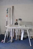 AN AXMINSTER TOOLS FOLDING MITRE SAW STAND with two roller attachments (incomplete) 110cm long x