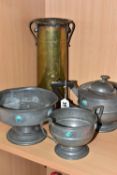 THREE PIECES OF ASHBERRY PEWTER INSET WITH RUSKIN STYLE CERAMIC ROUNDELS AND A TRENCH ART VASE,