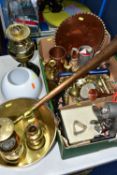 ONE BOX OF METALWARE AND LAMPS, to include a brass miner's lamp by Protector Lamp & Lighting Co