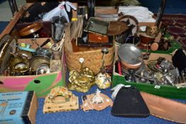 FIVE BOXES OF METALWARE AND HOUSEHOLD SUNDRIES, to include an Arts & Crafts L.R.I Borrowdale (