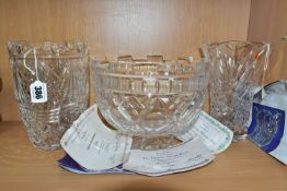 A WATERFORD CRYSTAL FOR DANBURY MINT 'THE PRINCE ALBERT BOWL' AND TWO WATERFORD CRYSTAL VASES, the