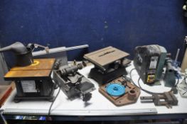 A COLLECTION OF POWERTOOL PARTS to include some NU-TOOL NWL-37.2 wood lathe parts and motor, bench