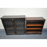 A DARK OAK GLAZED TWO DOOR BOOKCASE, width 98cm x depth 32cm x height 92cm, and a mahogany open