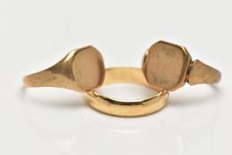 TWO 9CT GOLD SIGNET RINGS AND A POLISHED BAND, the first a polished vacant square signet ring with