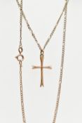 A 9CT GOLD CROSS PENDANT AND CHAIN, the polished yellow gold cross pendant with split terminals,