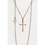 A 9CT GOLD CROSS PENDANT AND CHAIN, the polished yellow gold cross pendant with split terminals,