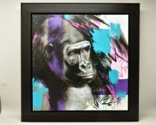 JEN ALLEN (BRITISH 1979) 'KINSHIP', a colourful portrait of gorilla, signed bottom right, titled