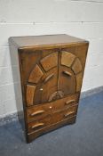 AN OAK ART DECO TWO DOOR TALLBOY, with two drawers, width 73cm x depth 42cm x height 116cm