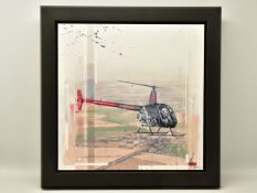 KRIS HARDY (BRITISH 1978) 'R22', a study of a Robinson R22 helicopter in flight over open