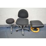 A VERIN RISE AND FALL SWIVEL OFFICE CHAIR, a swivel stool, and a black leatherette footstool (good