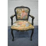 A LATE 20TH CENTURY FRENCH STYLE EBONISED OPEN ARMCHAIR, with a tapestry back and seat, width 60cm x