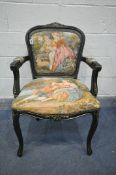 A LATE 20TH CENTURY FRENCH STYLE EBONISED OPEN ARMCHAIR, with a tapestry back and seat, width 60cm x