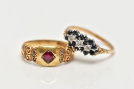 A LATE VICTORIAN 15CT GOLD RUBY AND DIAMOND RING AND A MODERN 9CT GOLD SAPPHIRE AND DIAMOND RING,