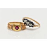 A LATE VICTORIAN 15CT GOLD RUBY AND DIAMOND RING AND A MODERN 9CT GOLD SAPPHIRE AND DIAMOND RING,