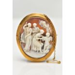 A MID 19TH CENTURY YELLOW METAL CAMEO BROOCH, the shell cameo, carved in high relief, depicting