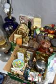 TWO BOXES AND LOOSE LAMPS, METAL WARES AND MISCELLANEOUS ITEMS, to include an Aladdin No.23 oil lamp