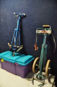 TWO VINTAGE GOLF CADDY/TROLLEYS a dunlop caddy, a stowaway manual caddy and a plastic toy box (3)