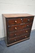 A VICTORIAN WALNUT CHEST OF TWO SHORT AND THREE LONG DRAWERS, width 117cm x depth 53cm x height