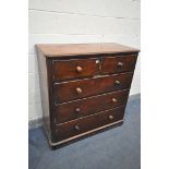 A VICTORIAN WALNUT CHEST OF TWO SHORT AND THREE LONG DRAWERS, width 117cm x depth 53cm x height