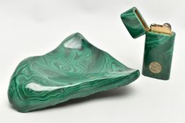 A CARVED MALACHITE FLIP CIGARETTE LIGHTER AND ASHTRAY, lighter measuring approximately 6cm x 3cm,