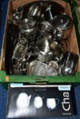 STAINLESS STEEL UTENSILS, one box containing a miscellaneous collection of tea sets, serving dishes,