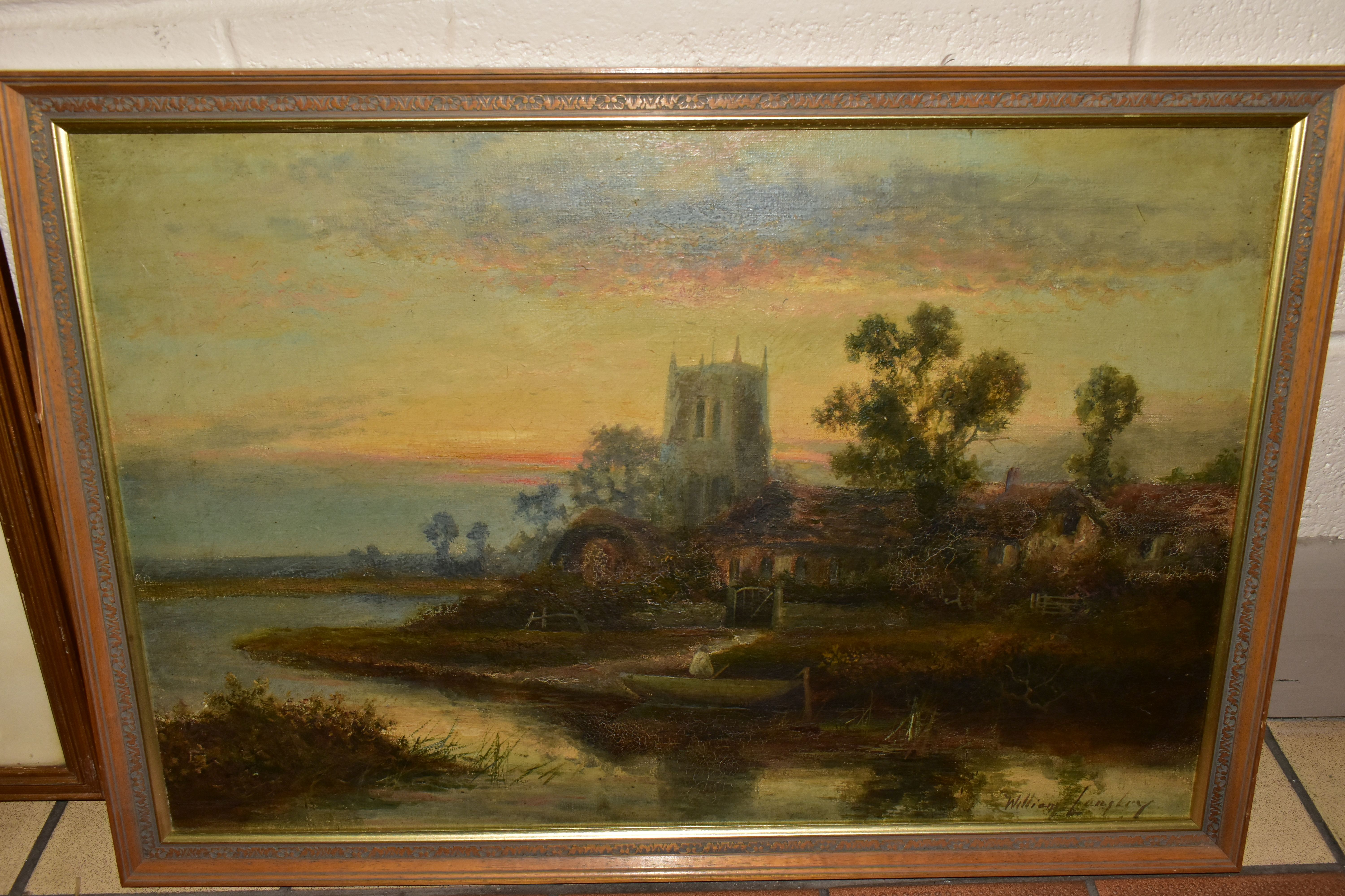 WILLIAM LANGLEY (LATE 19TH / EARLY 20TH CENTURY), A RIVER LANDSCAPE WITH CHURCH AND COTTAGES BEYOND, - Image 5 of 7