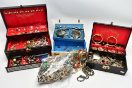 THREE JEWLLERY BOXES AND COSTUME JEWELLERY, to include a large faux black leather jewellery box with