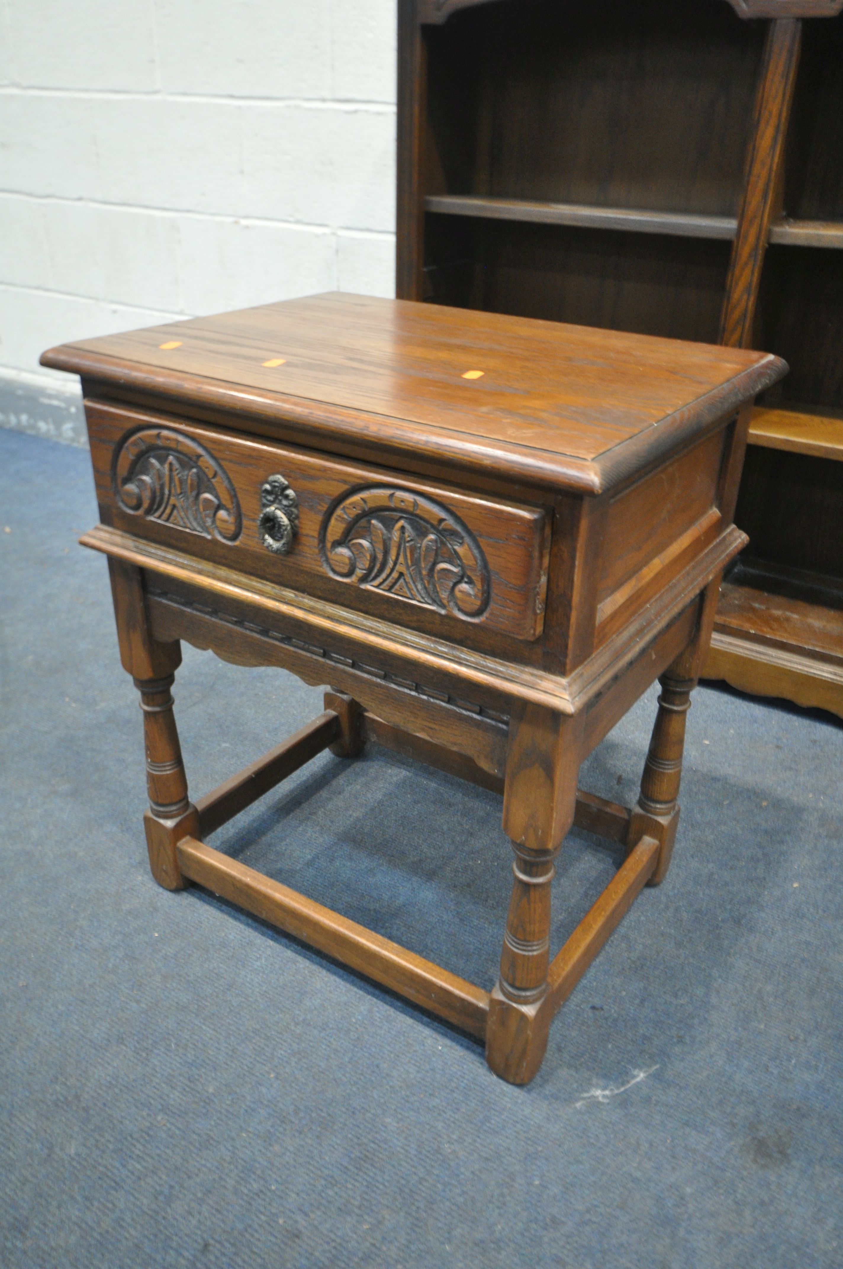 AN OLD CHARM OAK TWIN SIDED OPEN BOOKCASE, width 122cm x depth 28cm x height 106cm, and an Old Charm - Image 2 of 3