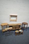 A LOW FRENCH OAK CABINET, with two doors, length 115cm x depth 31cm x 59cm, an occasional table, one