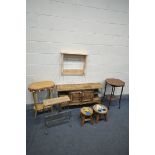 A LOW FRENCH OAK CABINET, with two doors, length 115cm x depth 31cm x 59cm, an occasional table, one