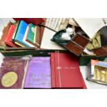 TWO BOXES OF COIN AND COIN RELATED ITEMS, to include a coin album containing mainly French low