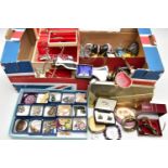 A BOX OF ASSORTED COSTUME JEWELLERY AND ITEMS, to include a lid box filled with trinket boxes,