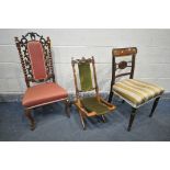 A 19TH CENTURY WALNUT FOLDING CAMPAIGN CHAIR (loose finial) along with a Victorian walnut barley