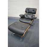 AFTER CHARLES AND RAY EAMES, a black leatherette Lounge chair and ottoman (condition:-worn finish to