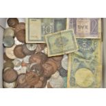 A SMALL BOX OF MIXED COINAGE SOME SILVER CONTENT AND 1940 distressed Banknotes