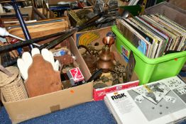 FIVE BOXES AND LOOSE SUNDRY ITEMS ETC, to include six golf clubs, small quantity of brass and