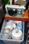 One Plastic Box containing machine knitting wool, an incomplete Princess Sewing Machine and a female