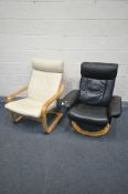 A BLACK LEATHER SWIVEL CHAIR, and an Ikea Poang cream chair (2)