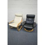 A BLACK LEATHER SWIVEL CHAIR, and an Ikea Poang cream chair (2)