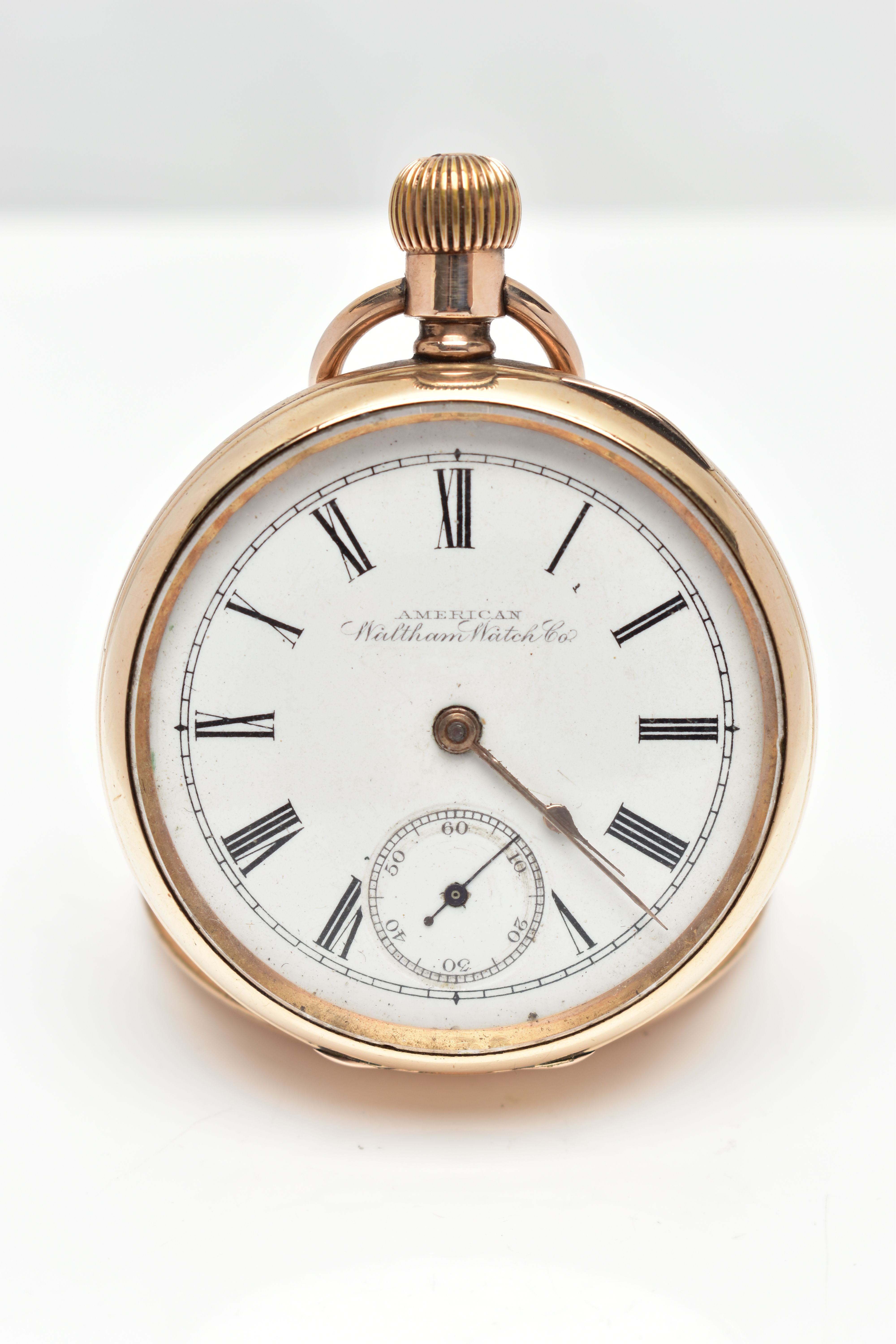 A GOLD PLATED 'WALTHAM' OPEN FACE POCKET WATCH, manual wind, round white dial signed 'American