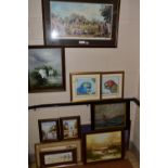 A QUANTITY OF PAINTINGS AND PRINTS, to include two Parisian street views signed Paisley, oils on